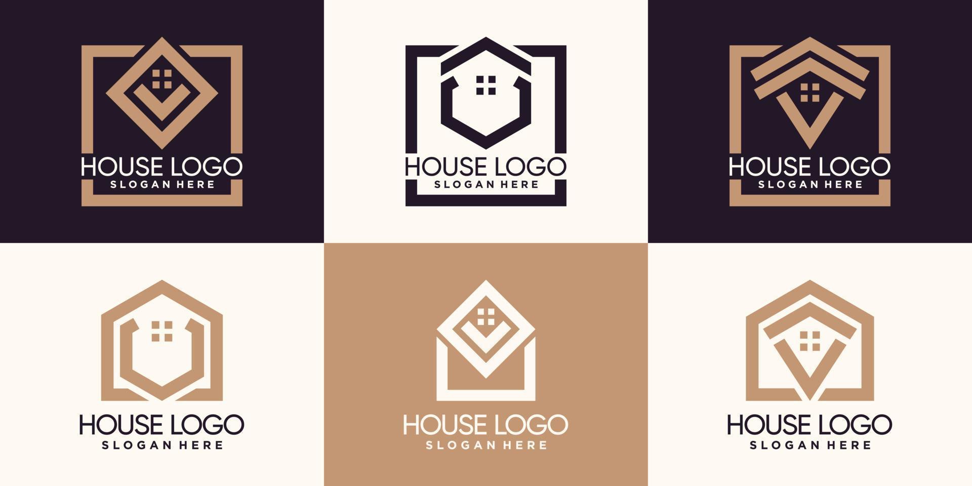 definir pacote de design de logotipo de casa com estilo de arte de linha e vetor premium de conceito criativo