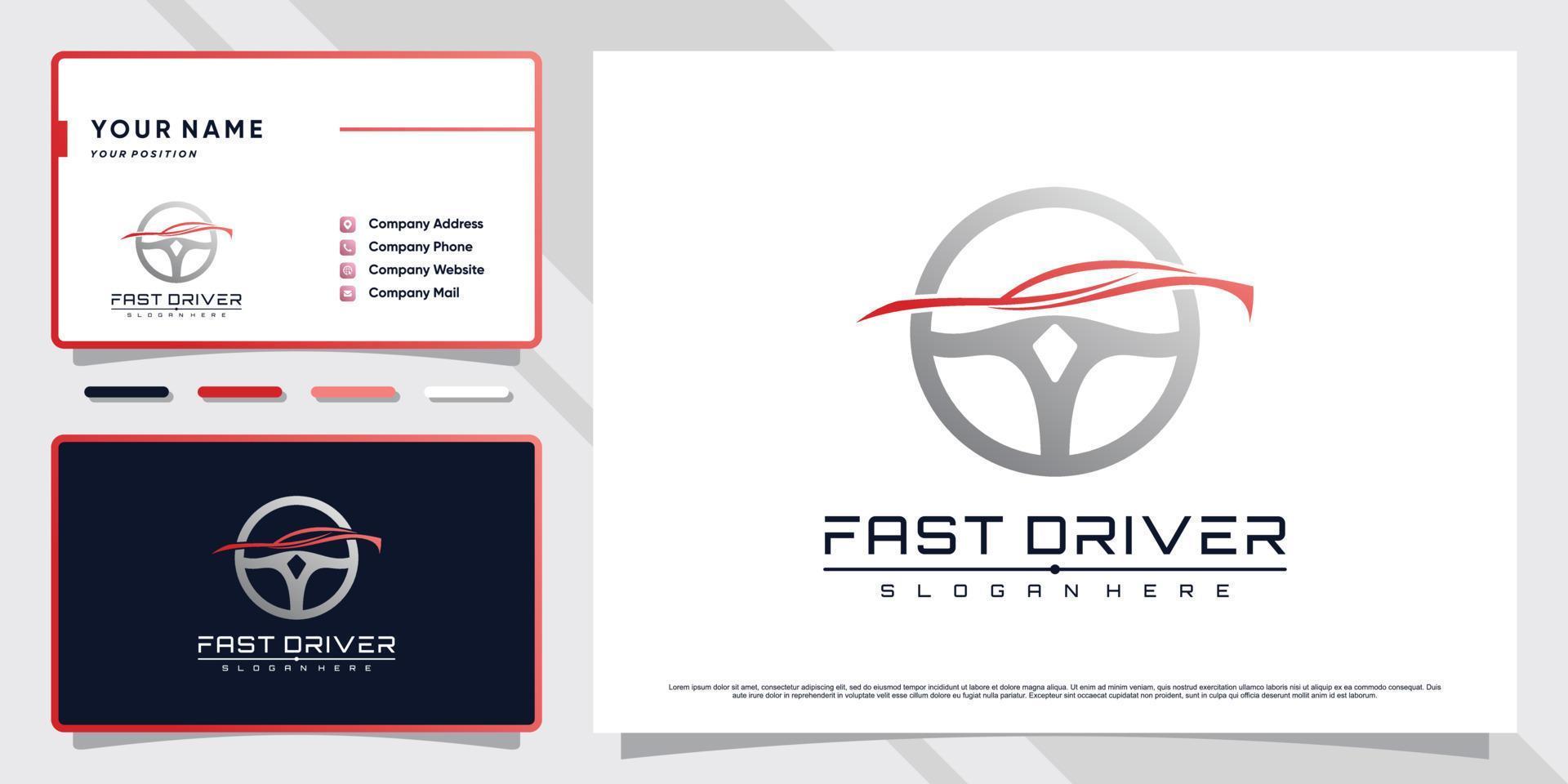 design de logotipo de carro esporte de direção com estilo de arte de linha e vetor premium de design de cartão de visita
