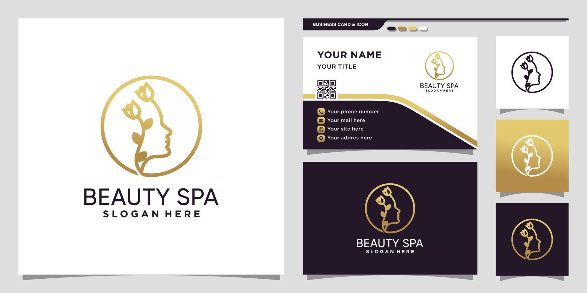 logotipo de beleza e spa com estilo de arte de linha e vetor premium de design de cartão de visita