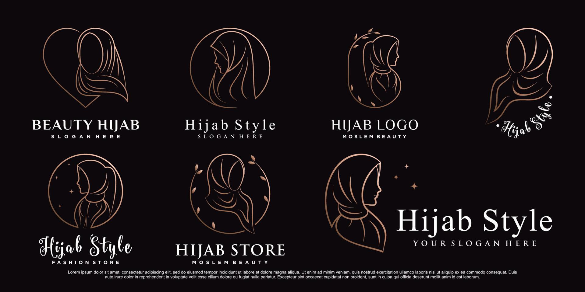 conjunto de modelo de design de logotipo hijab com estilo de arte de linha e vetor premium de elemento criativo