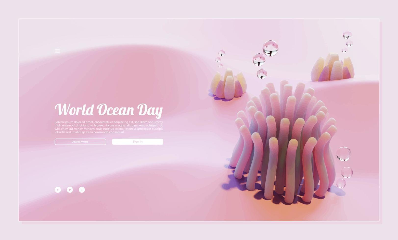 modelo de página da web do dia mundial do oceano com ilustração 3d de anêmona vetor