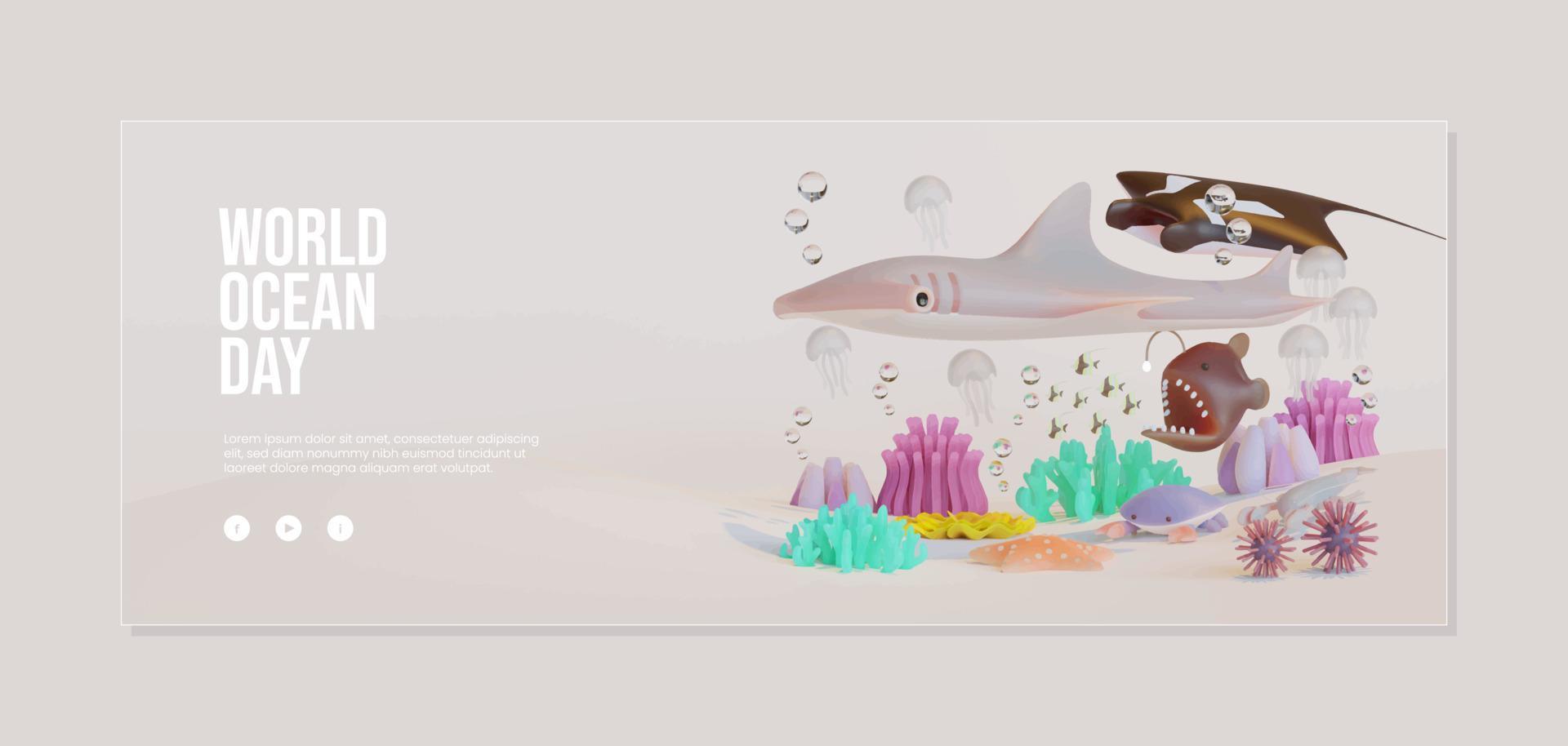 modelo de banner do dia mundial do oceano com composição de ilustração 3d de animais marinhos vetor