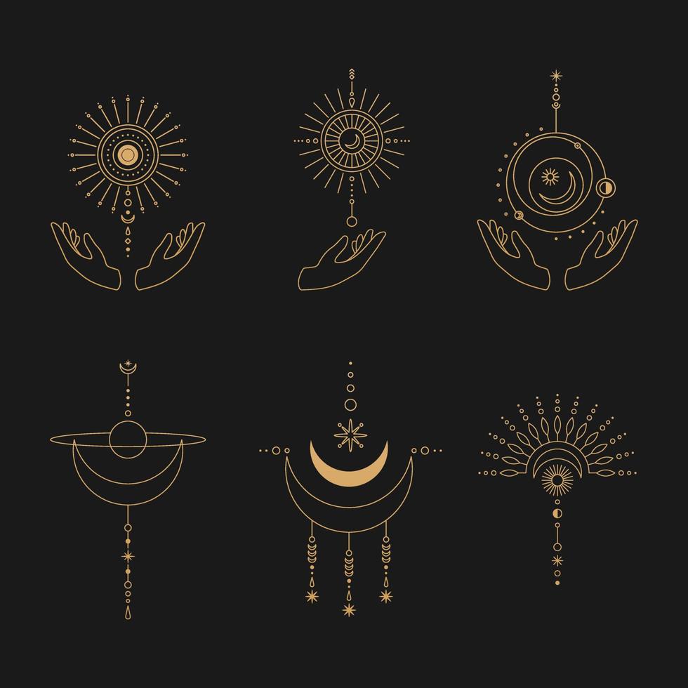 conjunto de arte de linha de lua e sol. símbolos lineares boho mínimos. elemento místico celestial. ilustração em vetor linha arte.