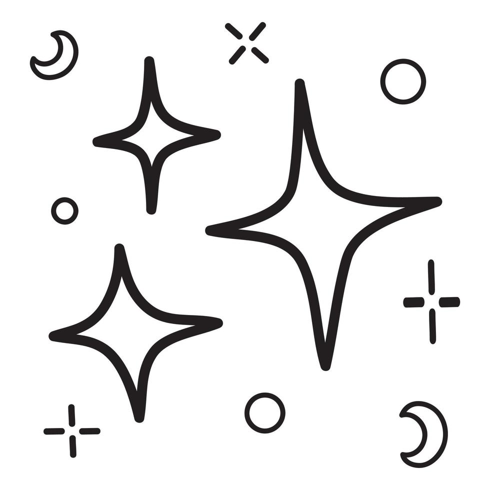 doodle conjunto de ícone de brilho de estrelas vetoriais, ícone de superfície limpa. estrelas de efeito de luz brilhante e explosão brilhante. isolado no fundo branco. ilustração vetorial vetor