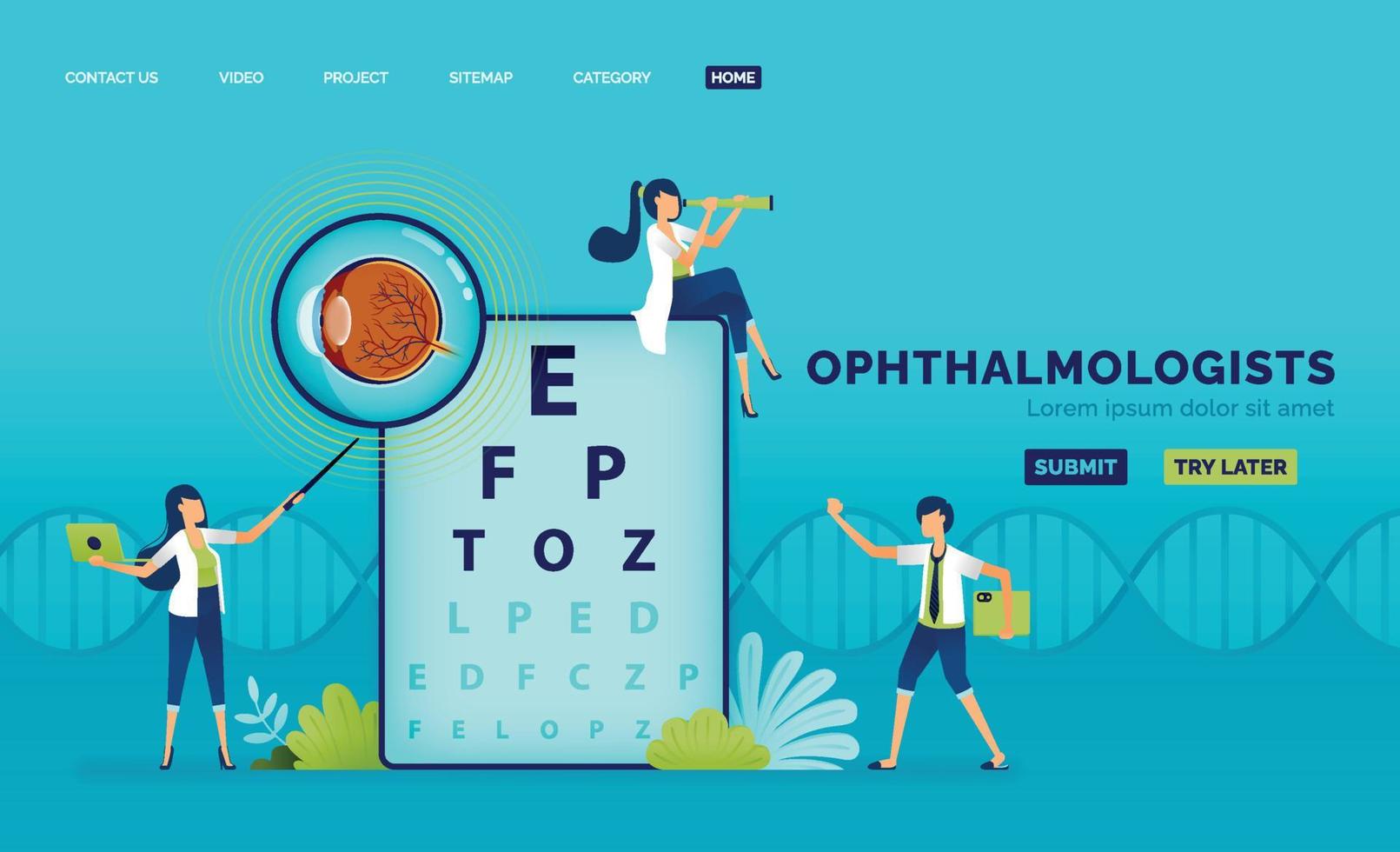 ilustração de saúde óptica do oftalmologista explica parte danificada da retina usando anatomia do olho e snellen. pode ser usado para página de destino, web, site, pôster, aplicativos móveis, folheto, anúncios, folheto, cartão vetor