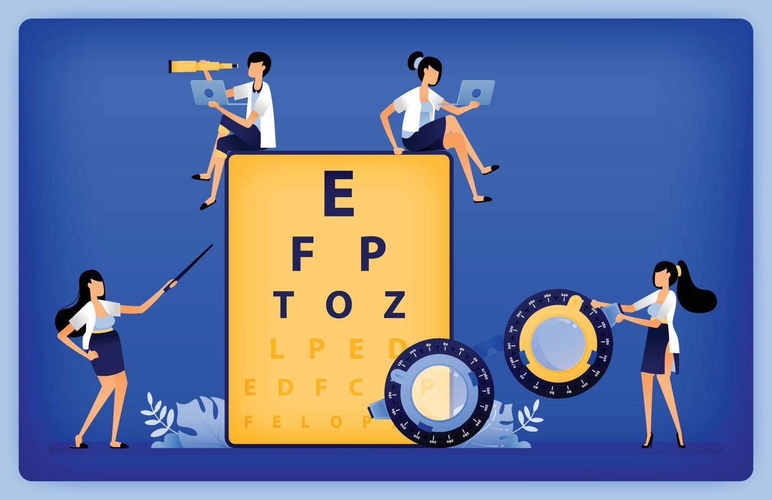 A ilustração de saúde óptica de optometristas usa quadros de snellen e de teste para medir o distúrbio de miopia dos pacientes. pode ser usado para página de destino, web, site, pôster, aplicativos móveis, folheto, anúncios, folheto, cartão vetor