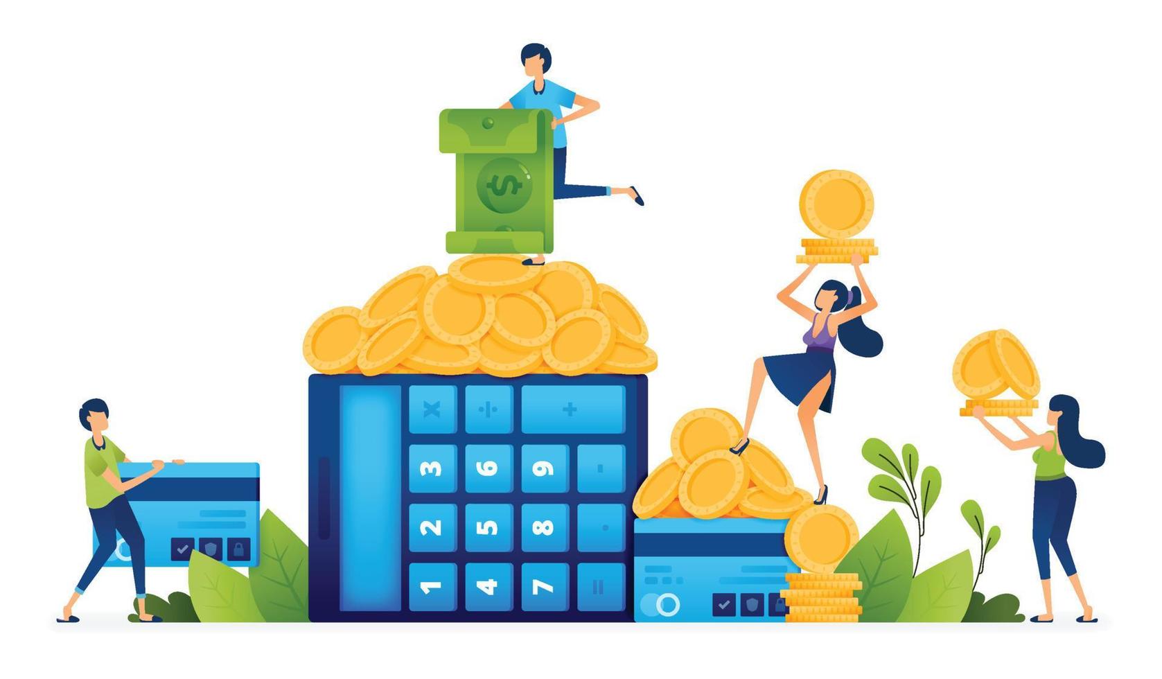 ilustração financeira de pessoas calculam com calculadoras as pilhas de dinheiro e dívidas de cartão de crédito que acumulam com o consumo. página de destino, web, site, banner, anúncios, cartão, aplicativos, folheto, panfleto vetor