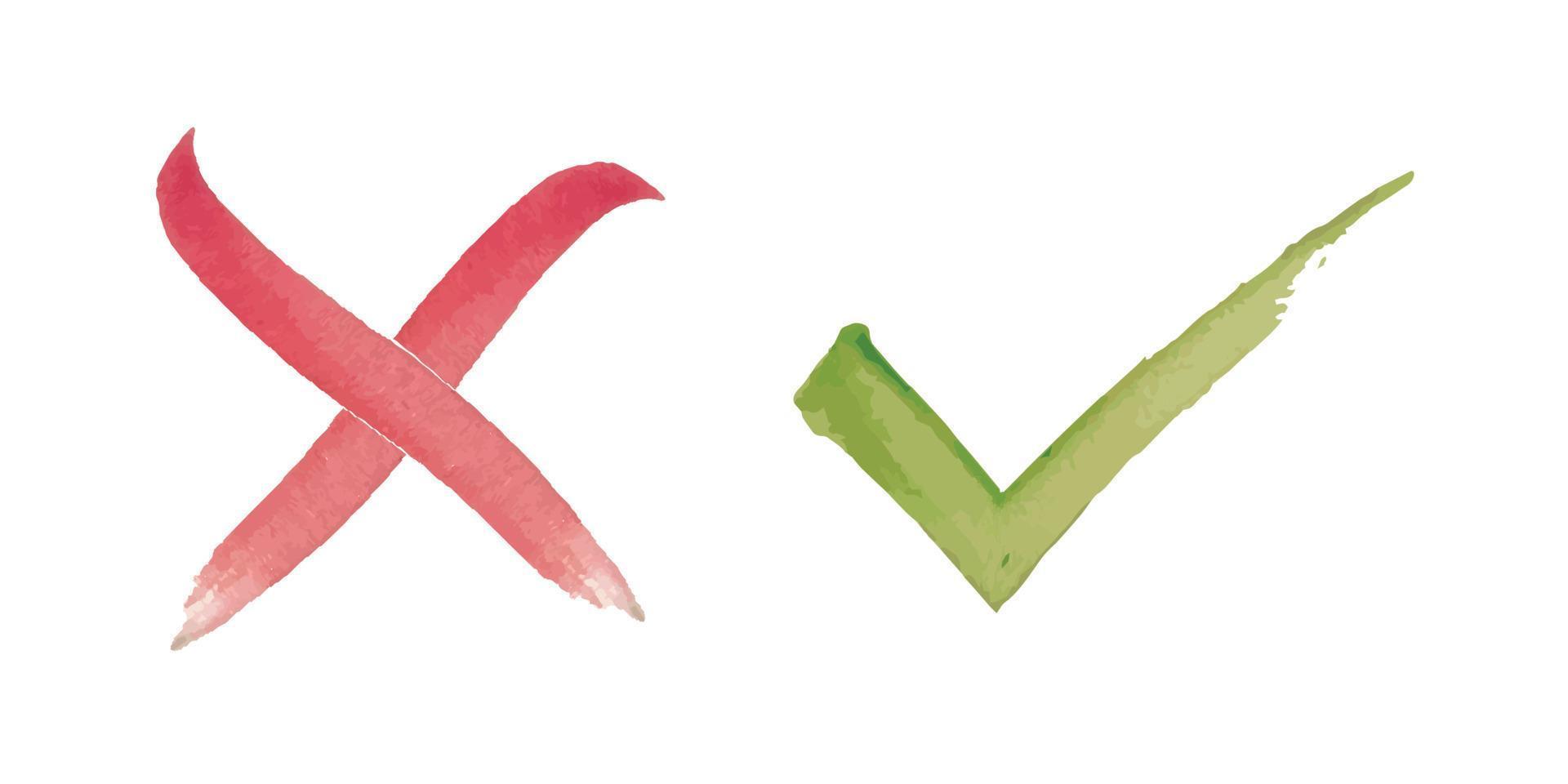 marca de verificação verde aquarela e cruz vermelha isoladas no fundo branco. sim e nenhum ícone. ilustração vetorial. vetor