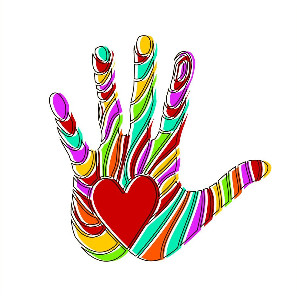 impressão de mão colorida brilhante com símbolo de amor. ilustração em vetor elemento simples sobre fundo branco.