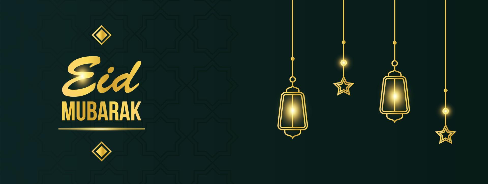 modelo de banner e pôster dourado eid mubarak com lanternas iluminadas e decoração de estrelas. cartão de felicitações islâmicas vetor