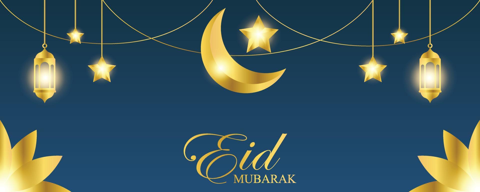 modelo de banner e cartaz dourado eid mubarak com lanternas iluminadas e ornamento islâmico de estrela crescente vetor