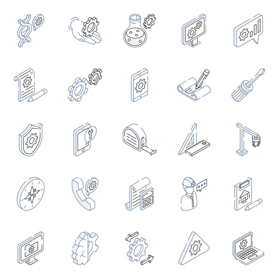 conjunto de ícones isométricos de contorno de engenharia vetor