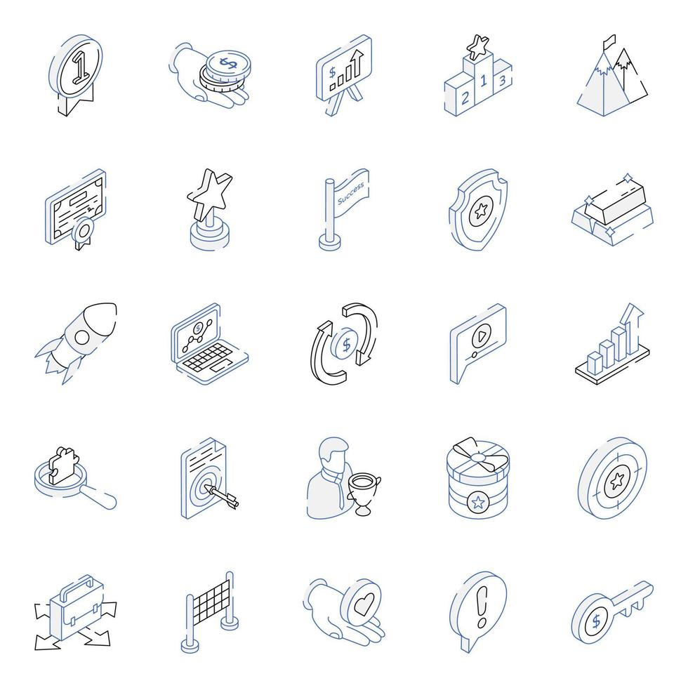 ícones isométricos de contorno de negócios e realizações vetor