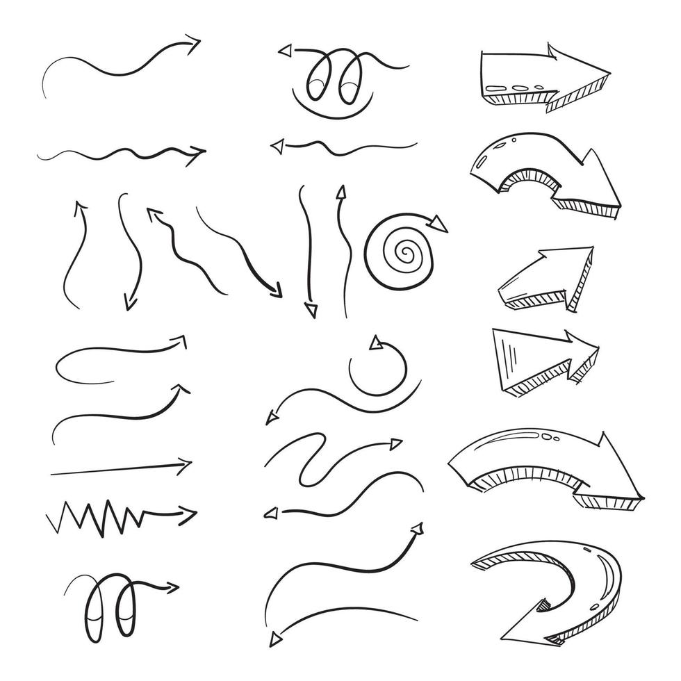 setas de doodle desenhadas à mão em conjunto de coleção de fundo branco vetor