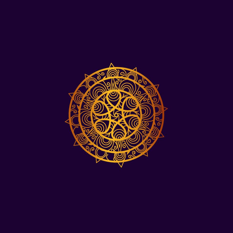 fundo de design dourado mandala de arte de linha de luxo embutido em fundo roxo vetor