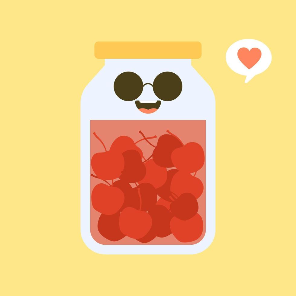 kawaii e cereja fofa em jarra. frutas enlatadas. enlatados material de produtos, conservas de alimentos, fornecidos em lata selada. isolado. ilustração em vetor plana. estilo de design plano para sua marca de mascote.