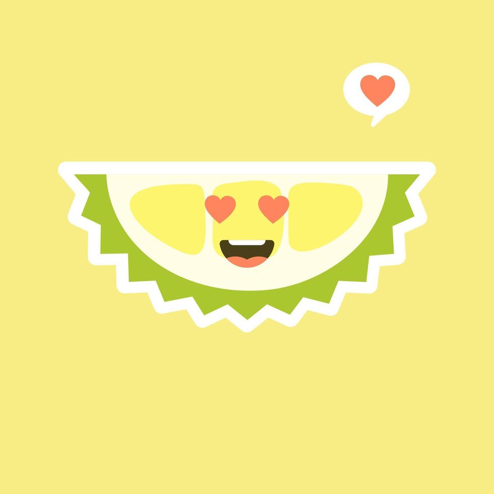 frutas durian engraçadas e kawaii. personagem durian fofo com expressão facial e emoji. ilustração vetorial. use para cartão, pôster, banner, web design e impressão em t-shirt. fácil de editar. vetor