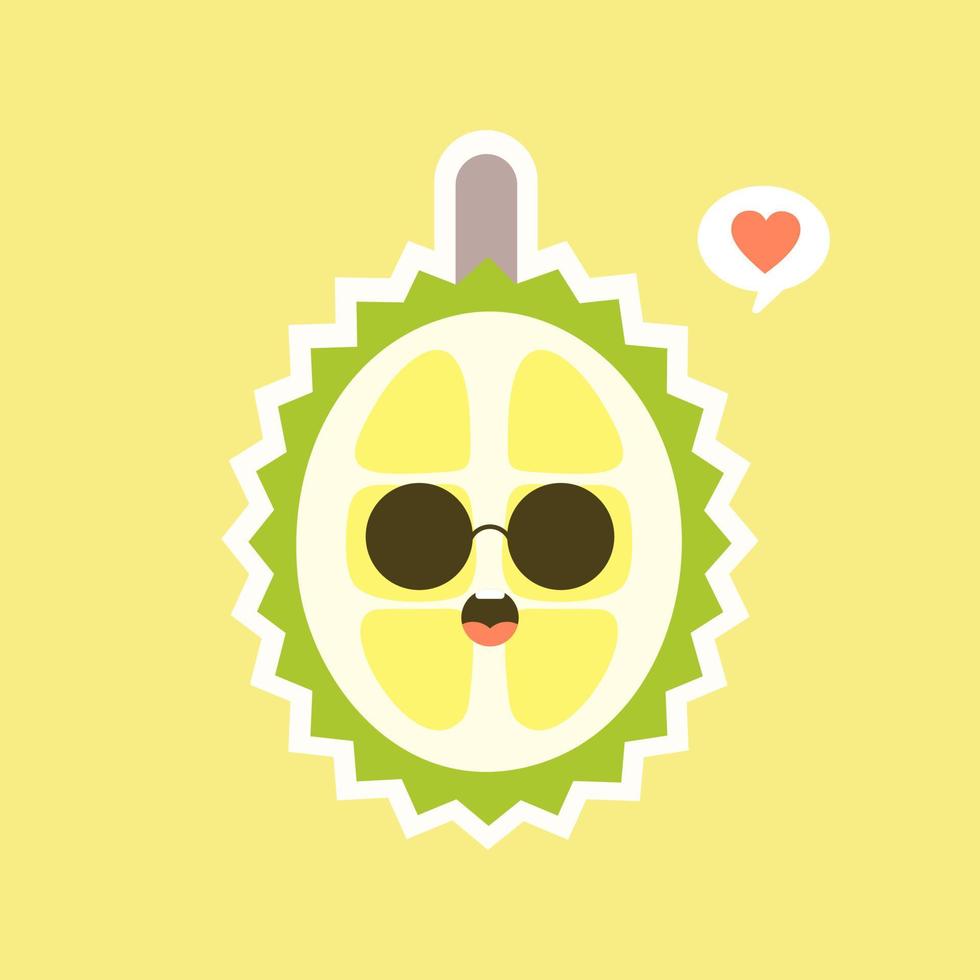 frutas durian engraçadas e kawaii. personagem durian fofo com expressão facial e emoji. ilustração vetorial. use para cartão, pôster, banner, web design e impressão em t-shirt. fácil de editar. vetor