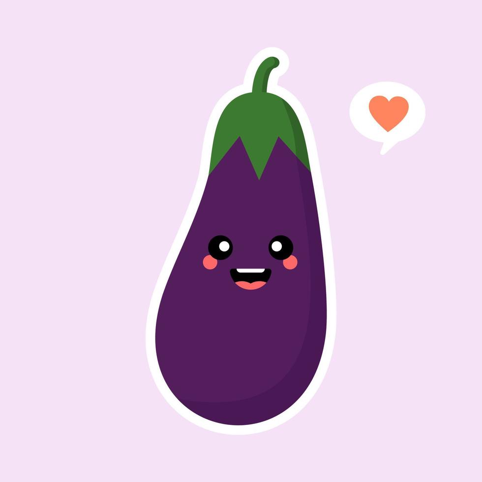 personagem de berinjela fofa e kawaii. ilustração em vetor de berinjela. objeto isolado em um fundo de cor. vegetarianismo, vegan, mascote, alimentação saudável, vegetais orgânicos. para restaurante, culinário