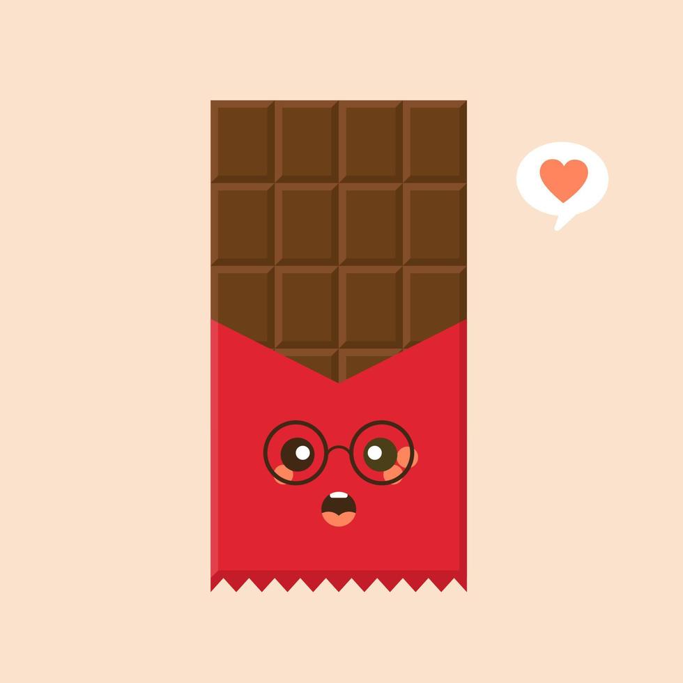 ícone de personagem de barra de chocolate bonito e kawaii. ilustração plana de ícone de vetor de barra de chocolate para web design. emoticon de chocolate ou emoji