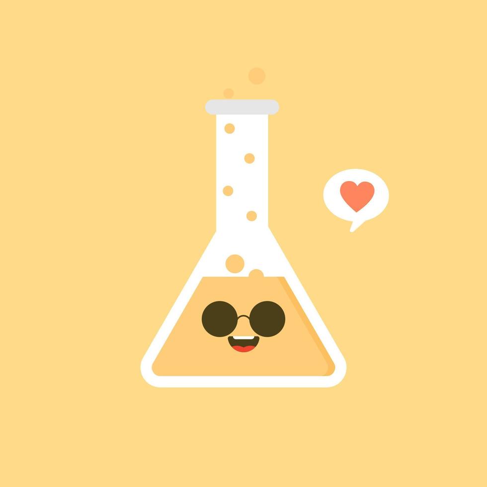 kawaii e fofo personagem erlenmeyer frasco químico design plano ilustração vetorial. experimento científico, estilo simples de elementos de laboratório de pesquisa., química, biologia, física, farmacêutica, médica vetor