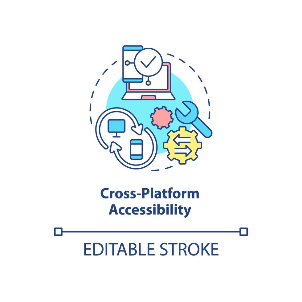 ícone do conceito de acessibilidade de plataforma cruzada. sincronização com dispositivos. web 3 0 idéia abstrata ilustração de linha fina. desenho de contorno isolado. traço editável. arial, uma miríade de fontes pró-negrito usadas vetor