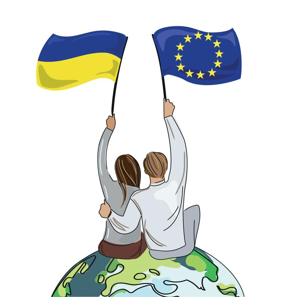 conceito da ucrânia e da ue homem com bandeira da ue e mulher com bandeira da ucrânia sentam-se abraçados na ilustração dos desenhos animados de vetor do planeta terra adesão da ucrânia à união europeia