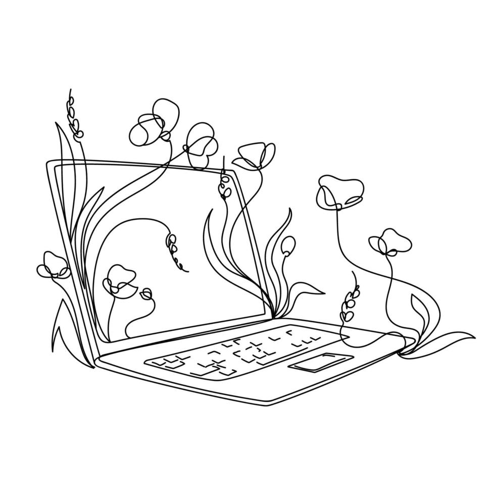 caderno com plantas e flores esboçar ilustração vetorial plantas que crescem a partir de esboço branco preto portátil conceito de tecnologia digital e natureza vetor