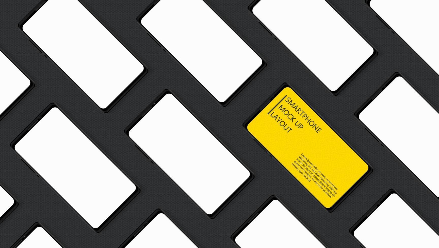 smartphone amarelo isolado e tela em branco simulam padrão diagonal isométrico em fundo hexágono preto moderno. conceito de modelo de apresentação. vetor
