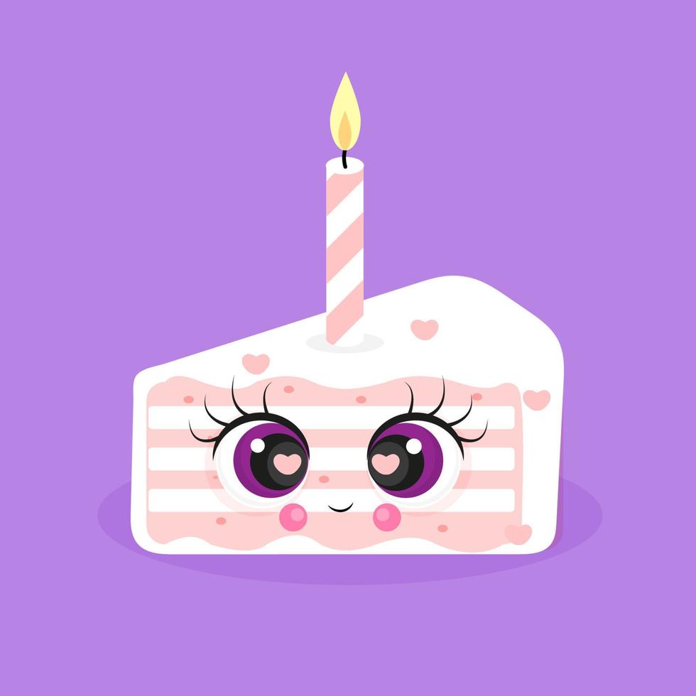 personagem de bolo de aniversário fofo com uma vela isolada em fundo roxo, ilustração vetorial de bolo de aniversário, impressão têxtil, cartão postal, embalagem vetor