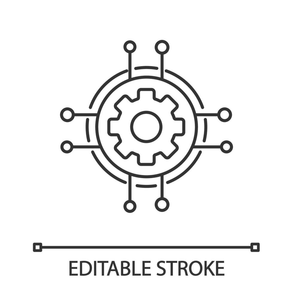 ícone linear de configurações digitais. progresso tecnológico e inovação. ilustração de linha fina. engrenagem. aprendizado de máquina. roda dentada em caminhos de chipset. desenho de contorno isolado de vetor. traço editável vetor