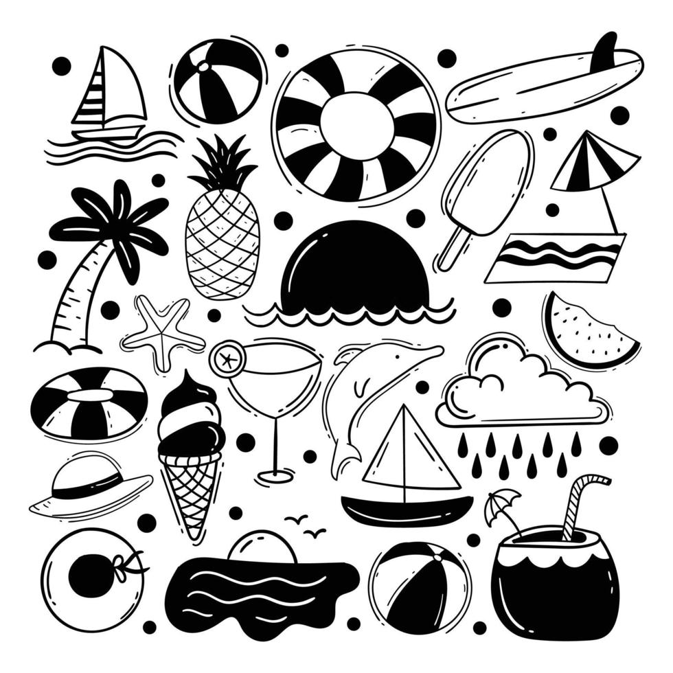 conjunto de ilustração de vetor de arte de linha de doodle de verão vetor premium