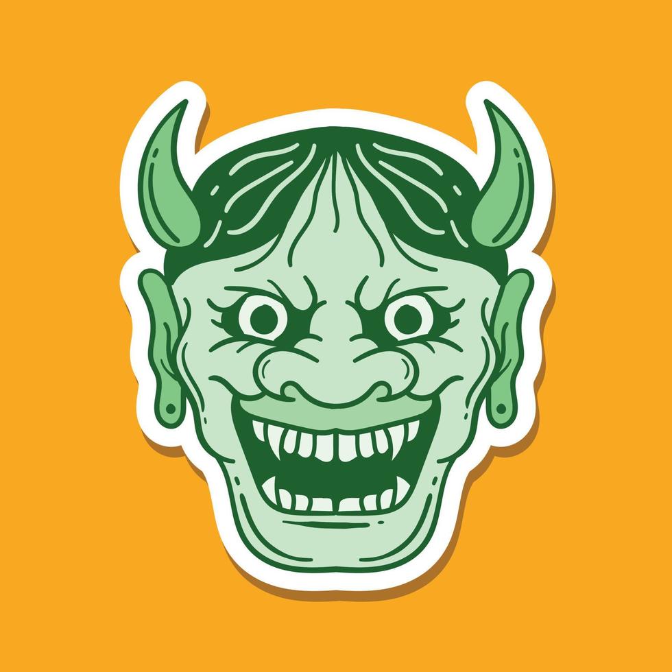 ilustração de doodle vintage de cara de diabo verde desenhada à mão para cartaz de adesivos de tatuagem etc vetor