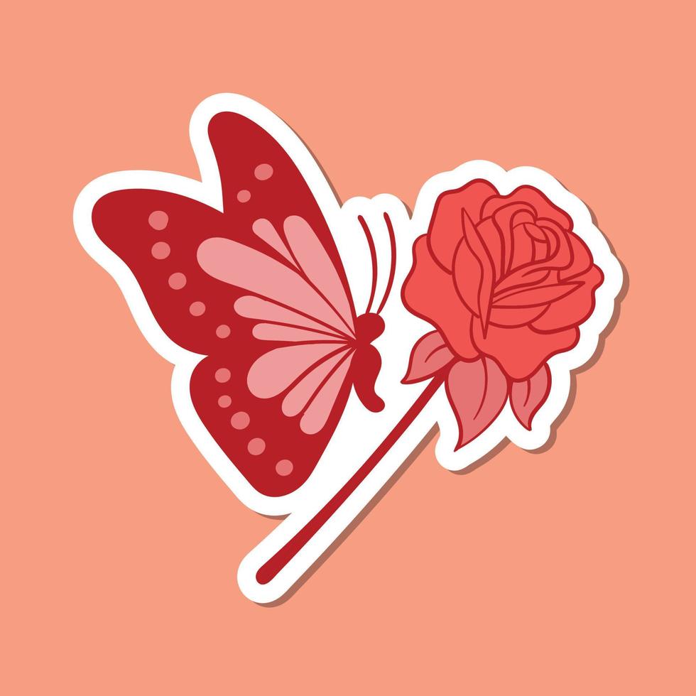borboleta vermelha desenhada à mão com ilustração de doodle vintage rosa para cartaz de adesivos de tatuagem etc vetor