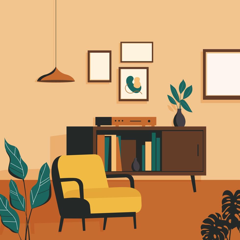 fundo interior com ilustração vetorial de sala de estar colorida aconchegante vetor