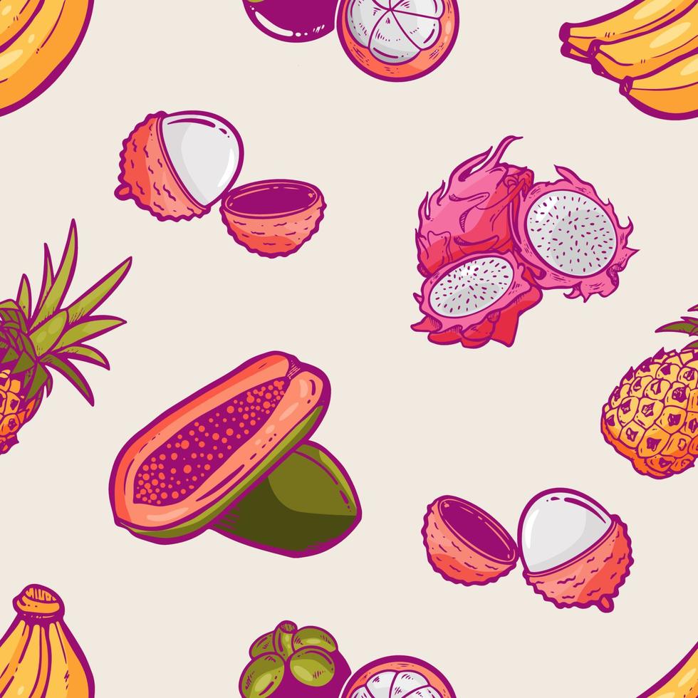 doodle bonito frutas tropicais sem costura de fundo vetor