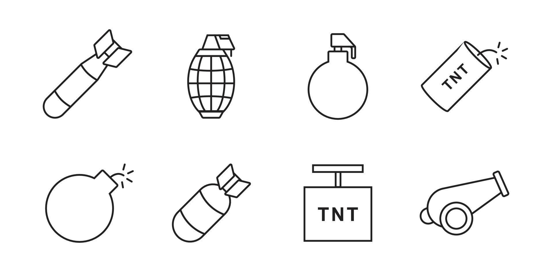 coleção de ícone explosivo. elemento de design de linha simples de bomba, granada e foguete vetor