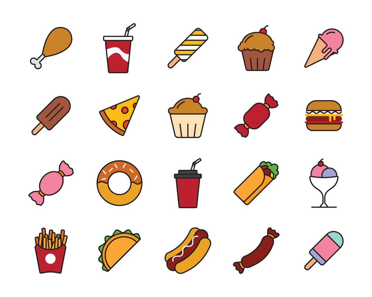 conjunto de design de ícone de comida simples, ilustração de desenho animado bonito do restaurante de menu no estilo de estrutura de tópicos. vetor