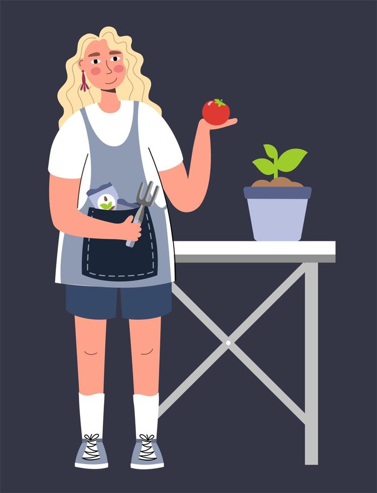 uma mulher planta mudas em pé em uma mesa uma mulher agricultora jardineira fazendo trabalho e ilustração vetorial de hobby agrícola isolada vetor