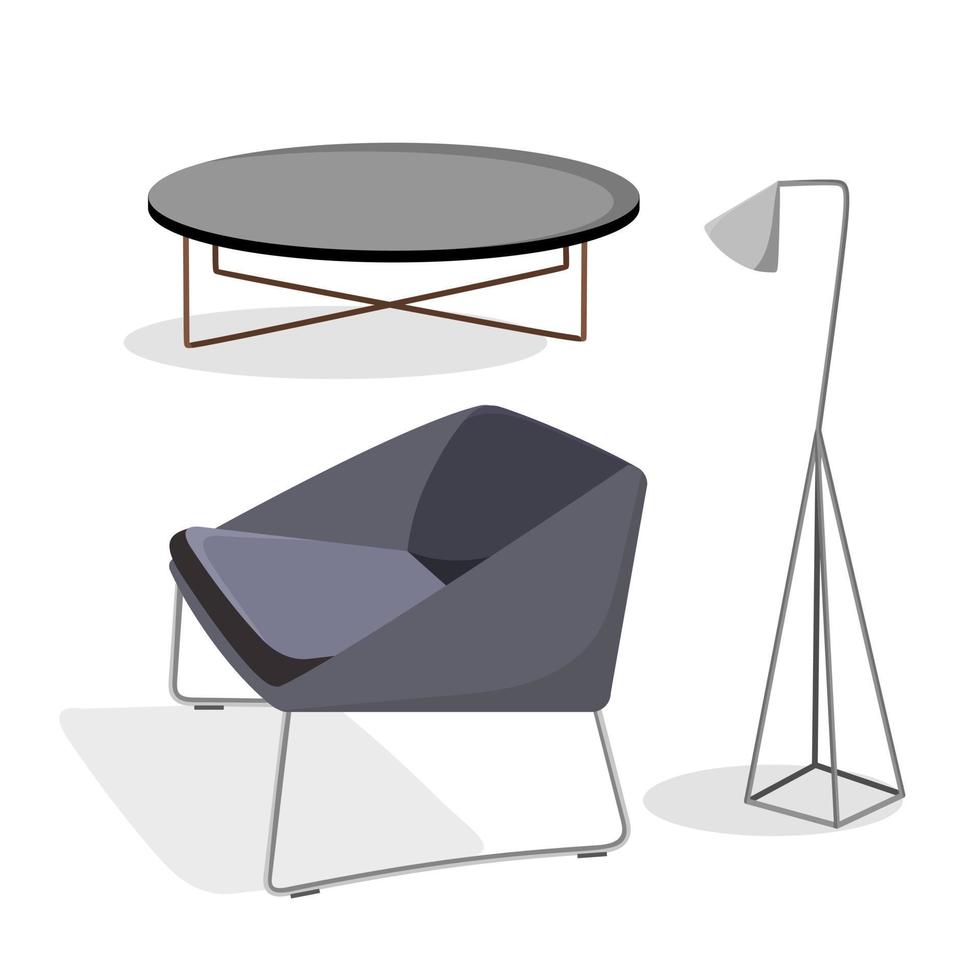 mobiliário interior moderno conjunto poltrona, lâmpada, ilustração vetorial de mesa de café em estilo simples isolado vetor