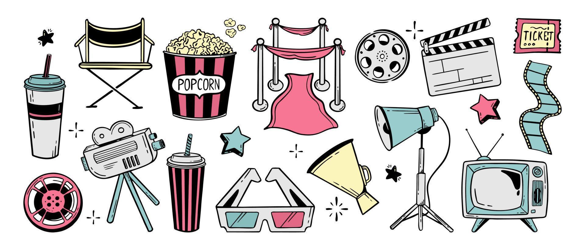 conjunto de cinema de elementos doodle linha para festivais e feriados ilustração vetorial no estilo de doodle isolado em um fundo branco vetor