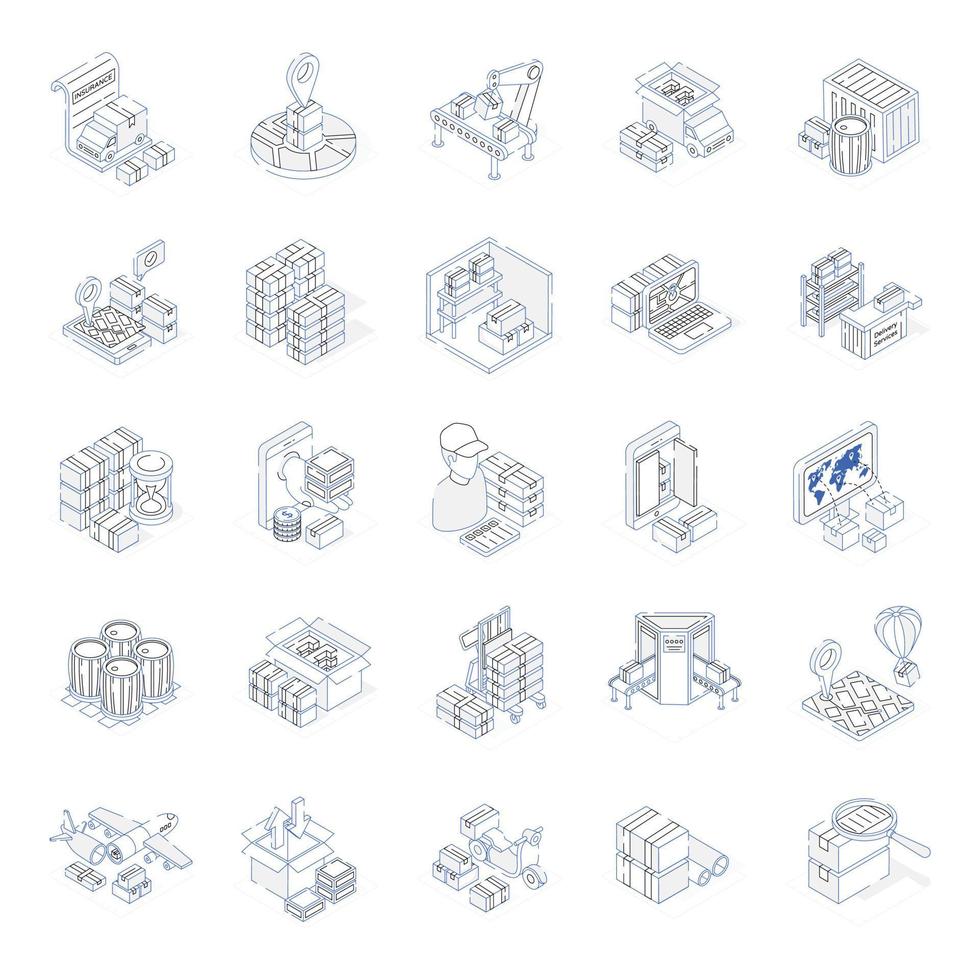 ícones de contorno isométrico de serviços de carga vetor