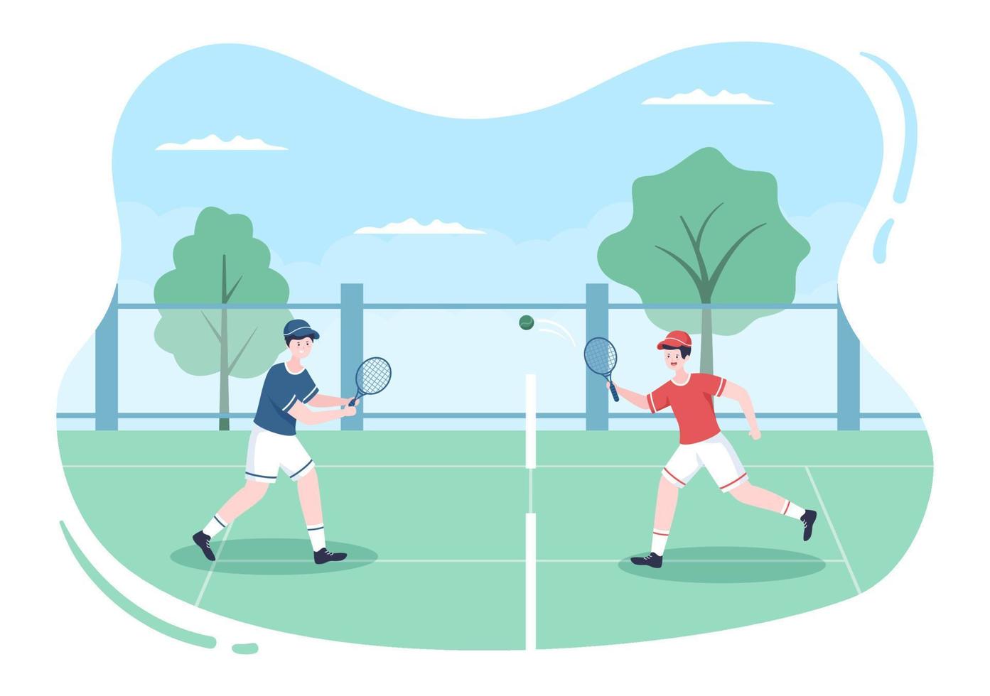 tenista com raquete na mão e bola na quadra. pessoas fazendo partida de esportes em ilustração de desenho animado plana vetor