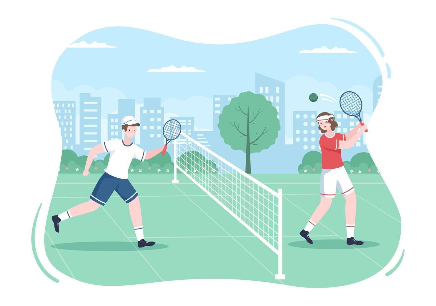 tenista com raquete na mão e bola na quadra. pessoas fazendo partida de esportes em ilustração de desenho animado plana vetor
