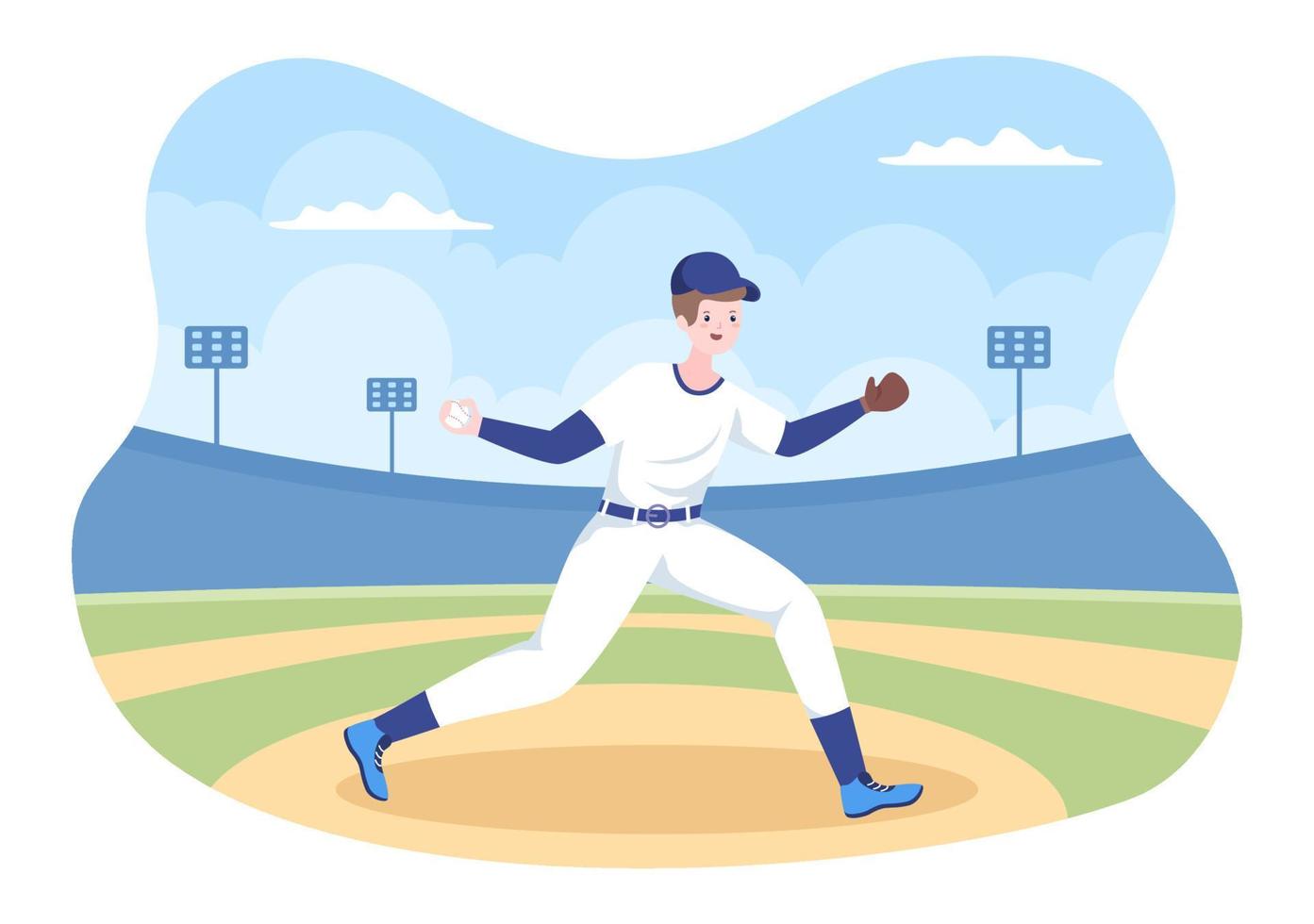 esportes de jogador de beisebol jogando, pegando ou batendo uma bola com bastões e luvas vestindo uniforme no estádio da quadra em ilustração plana dos desenhos animados vetor
