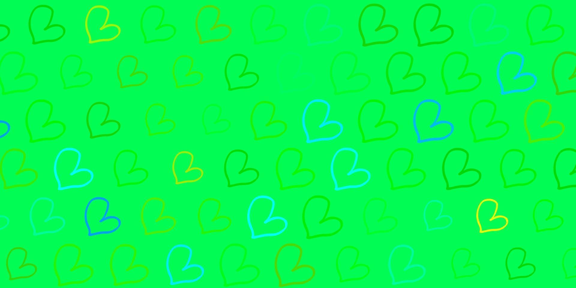 modelo de vetor azul claro e verde com corações de doodle.
