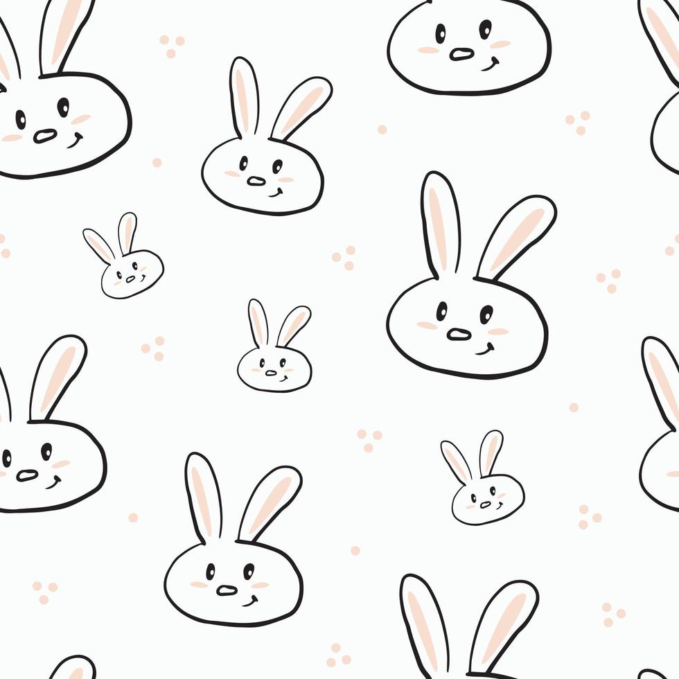 bonito padrão sem emenda com doodle coelhos e pontos, ilustração vetorial. personagem de coelho rostos com orelhas e bochechas bege, animal engraçado para crianças. projeto para embalagem vetor
