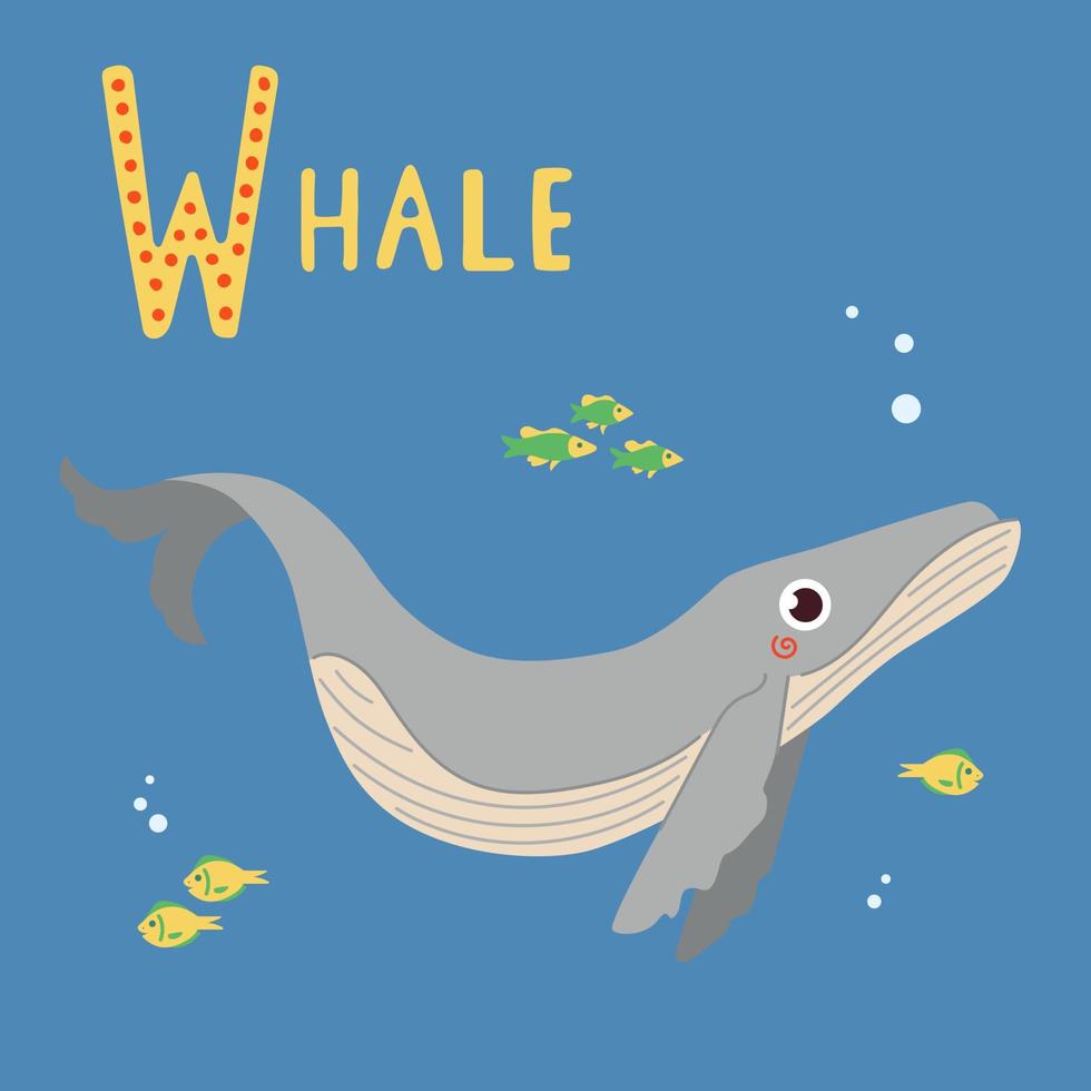 ilustração vetorial de baleia fofa no oceano azul escuro com pequenos peixes. personagem animal do mar oceano vetor