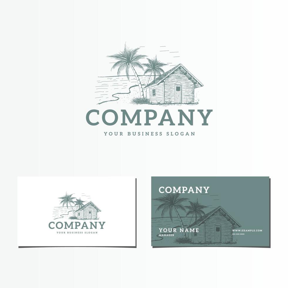 logotipo vintage de cabana de praia e design de cartão de nome vetor