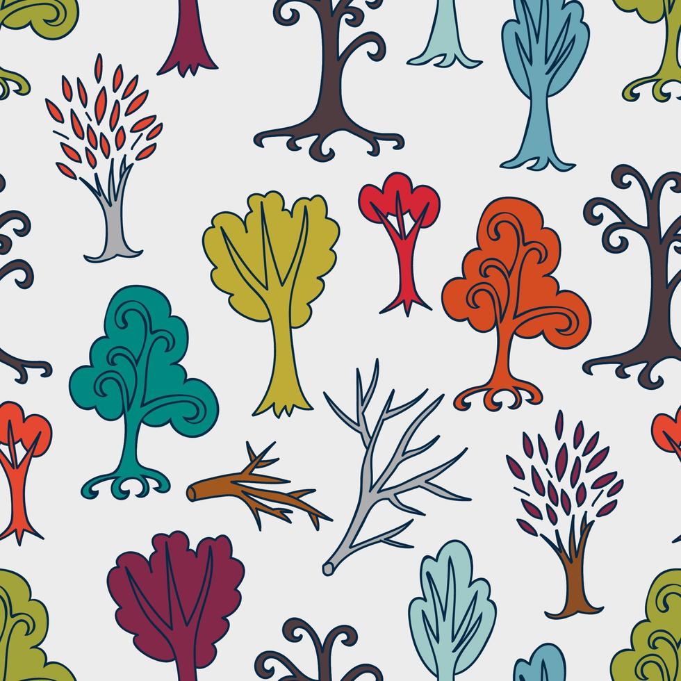 bonito doodle sem costura padrão com diferentes árvores e galhos. fundo de floresta infinito desenhado à mão. floresta de desenhos animados. o melhor para design, têxtil, tecido, papel de embrulho, crianças. vetor